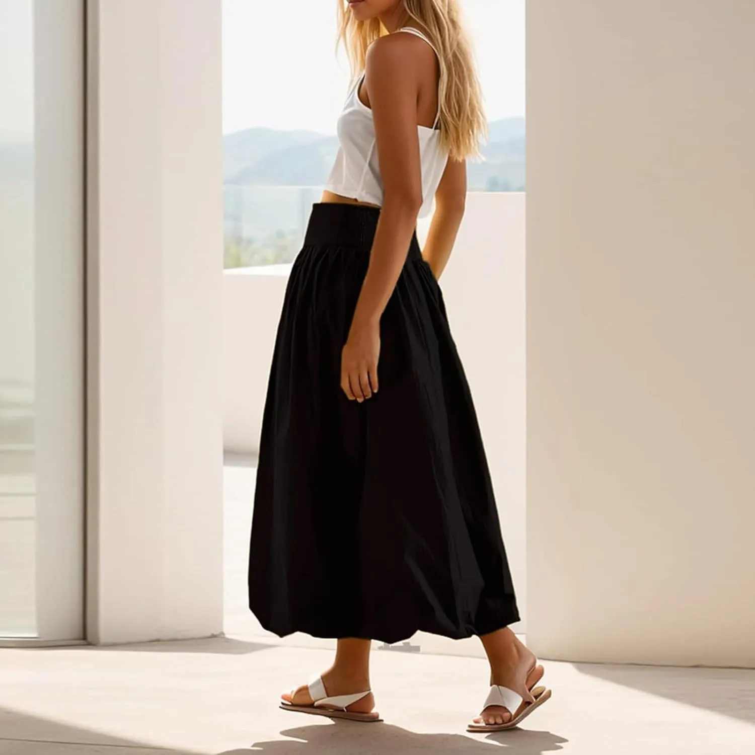 NUFIWI Women Y2k Bubble Maxi Skirt Low Elastic Waist A Line Long Skirt Summer Casual Ruffle Pleated Midi Dress