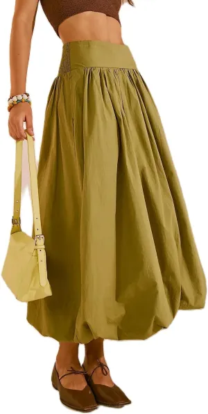 NUFIWI Women Y2k Bubble Maxi Skirt Low Elastic Waist A Line Long Skirt Summer Casual Ruffle Pleated Midi Dress
