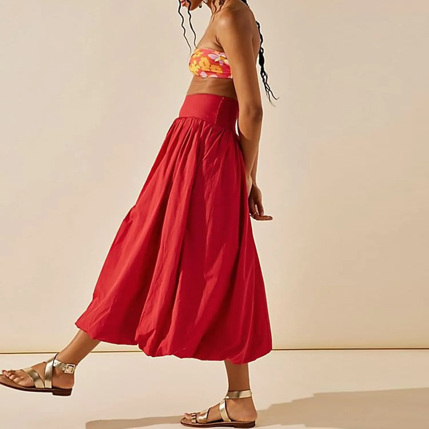 NUFIWI Women Y2k Bubble Maxi Skirt Low Elastic Waist A Line Long Skirt Summer Casual Ruffle Pleated Midi Dress