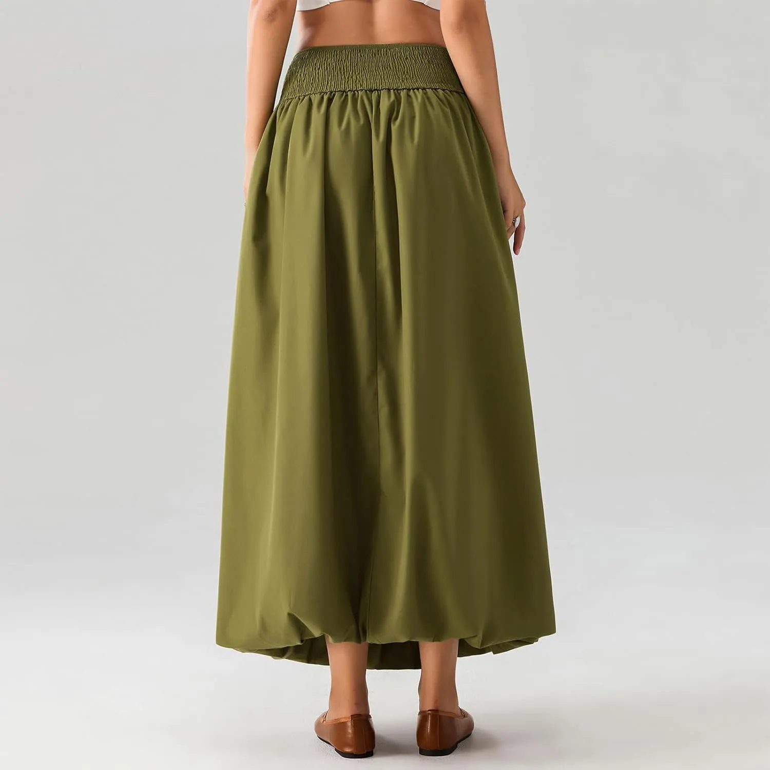 NUFIWI Women Y2k Bubble Maxi Skirt Low Elastic Waist A Line Long Skirt Summer Casual Ruffle Pleated Midi Dress