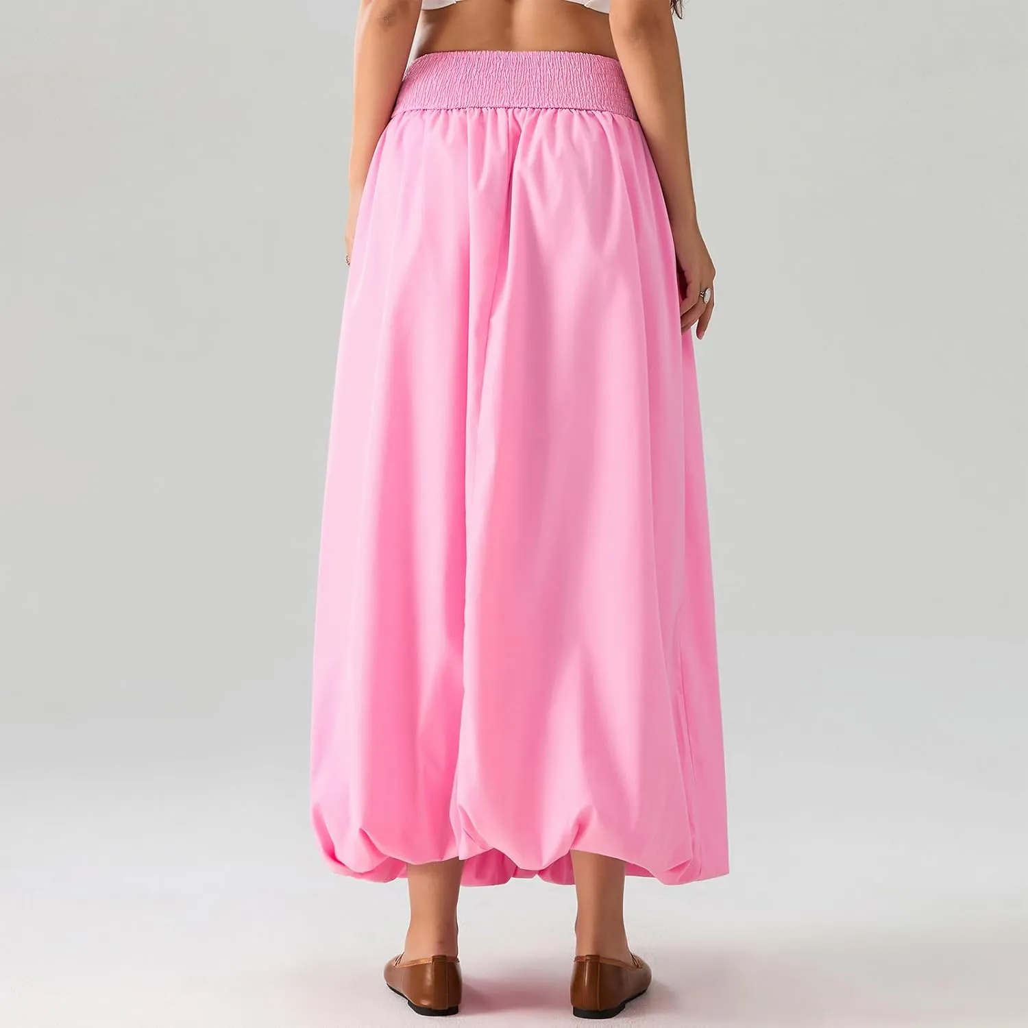 NUFIWI Women Y2k Bubble Maxi Skirt Low Elastic Waist A Line Long Skirt Summer Casual Ruffle Pleated Midi Dress