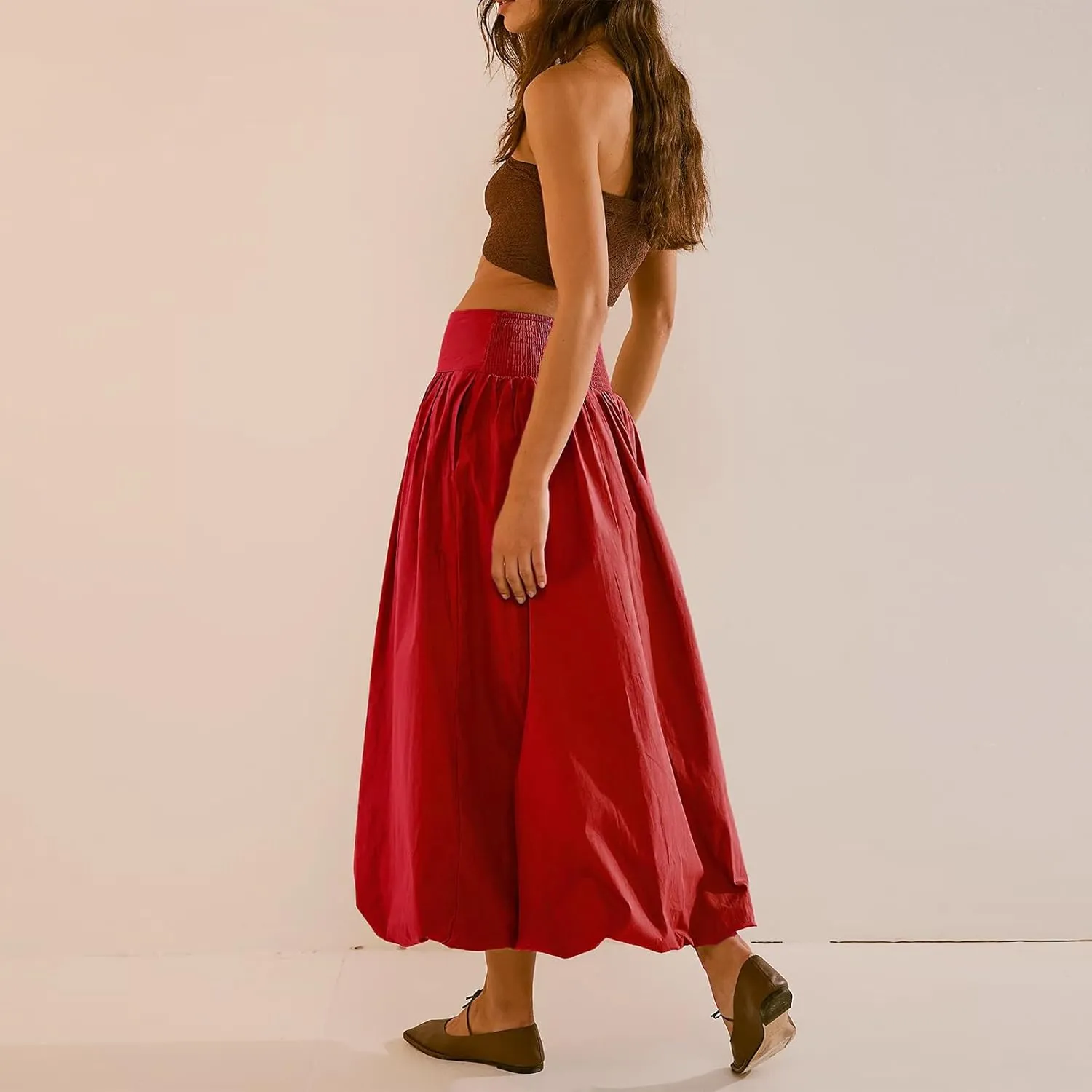 NUFIWI Women Y2k Bubble Maxi Skirt Low Elastic Waist A Line Long Skirt Summer Casual Ruffle Pleated Midi Dress