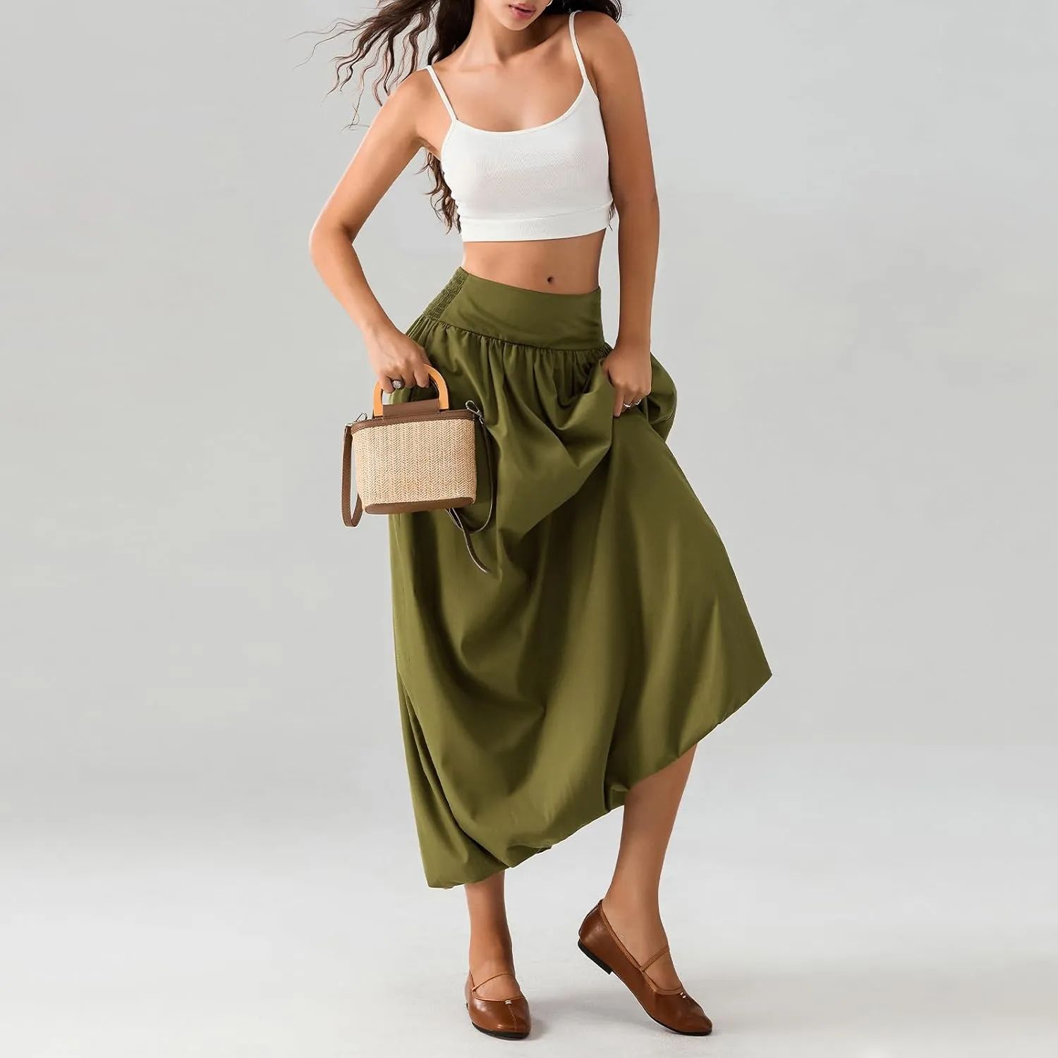 NUFIWI Women Y2k Bubble Maxi Skirt Low Elastic Waist A Line Long Skirt Summer Casual Ruffle Pleated Midi Dress