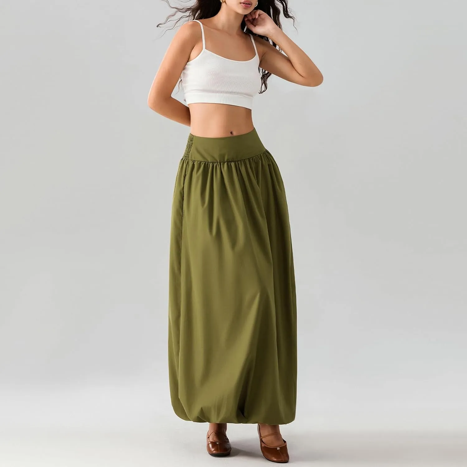 NUFIWI Women Y2k Bubble Maxi Skirt Low Elastic Waist A Line Long Skirt Summer Casual Ruffle Pleated Midi Dress