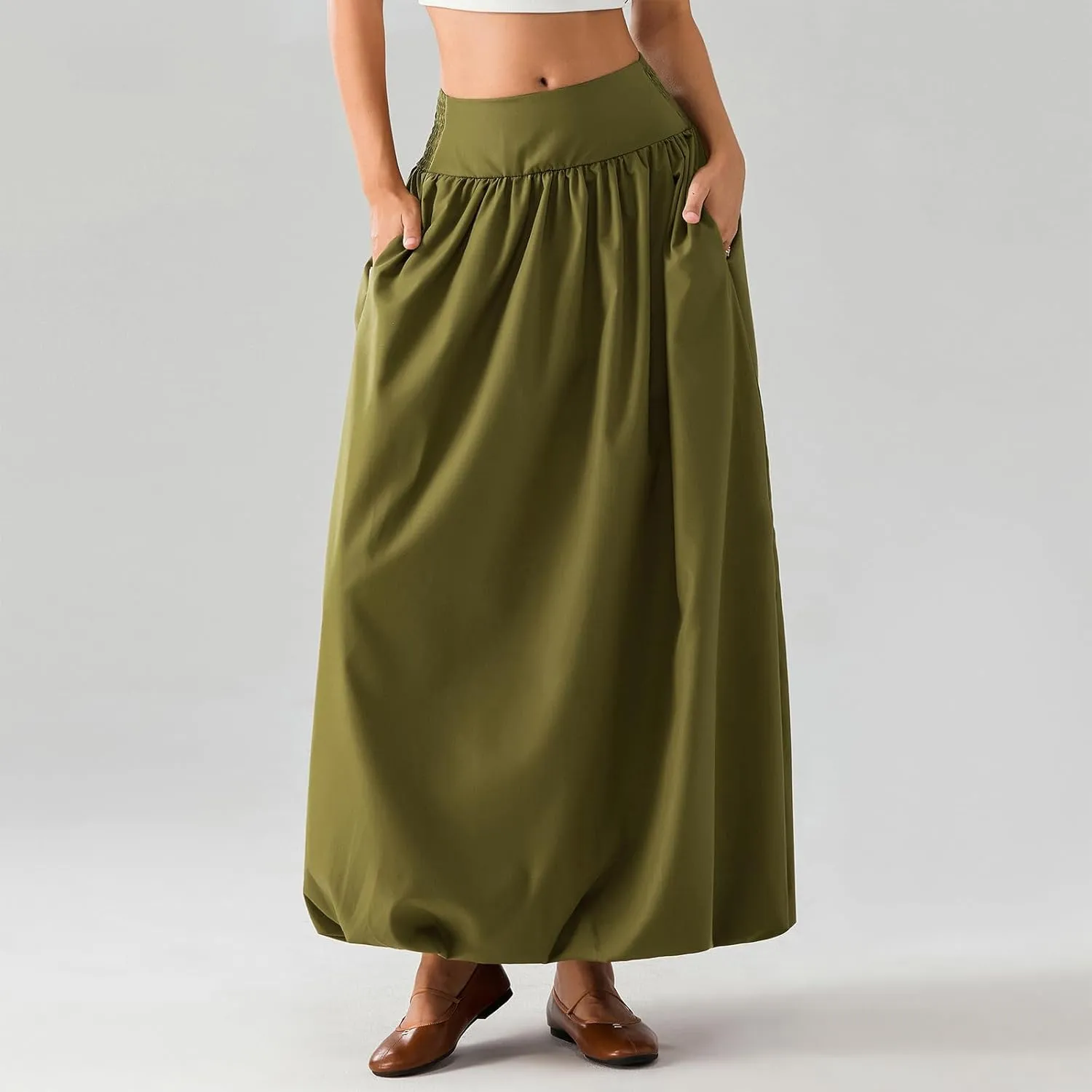 NUFIWI Women Y2k Bubble Maxi Skirt Low Elastic Waist A Line Long Skirt Summer Casual Ruffle Pleated Midi Dress