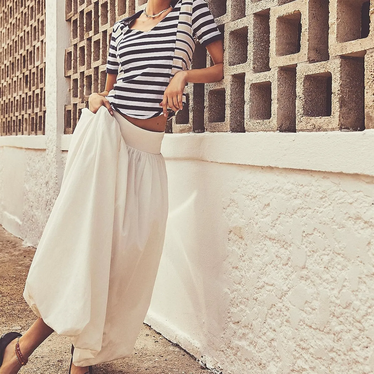 NUFIWI Women Y2k Bubble Maxi Skirt Low Elastic Waist A Line Long Skirt Summer Casual Ruffle Pleated Midi Dress