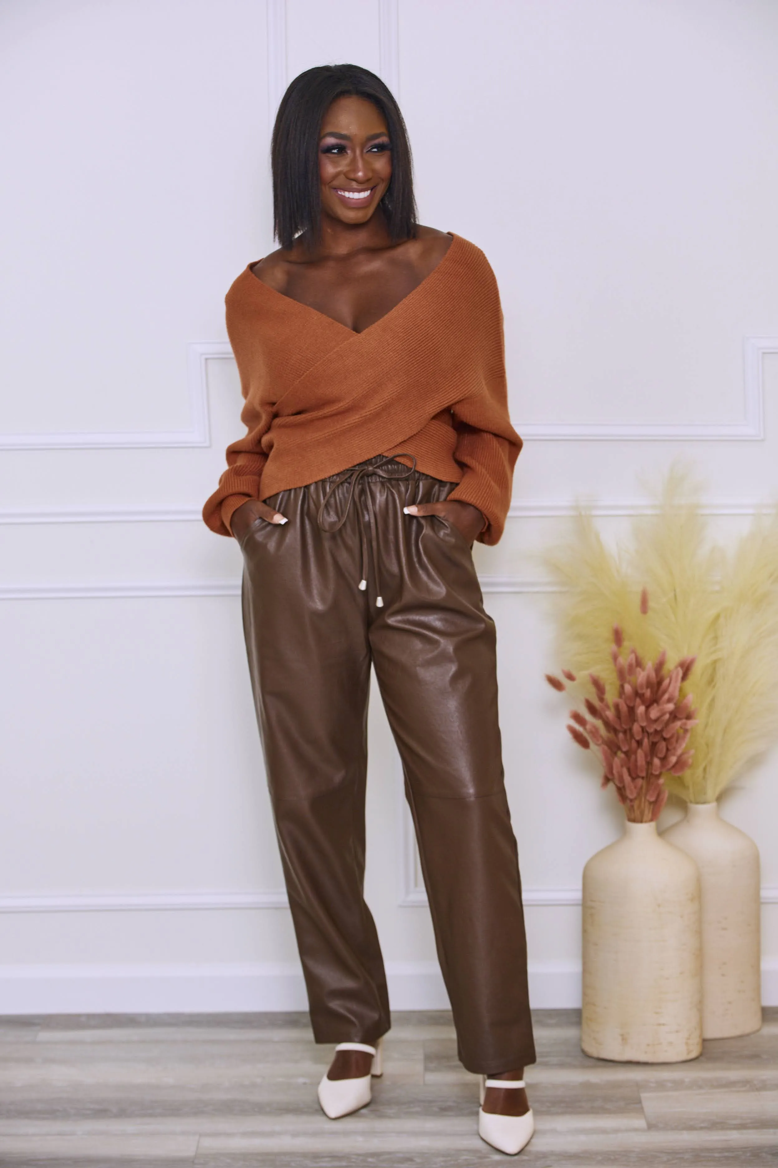 Off the Table Vegan Leather Elastic Waist Pants - Brown