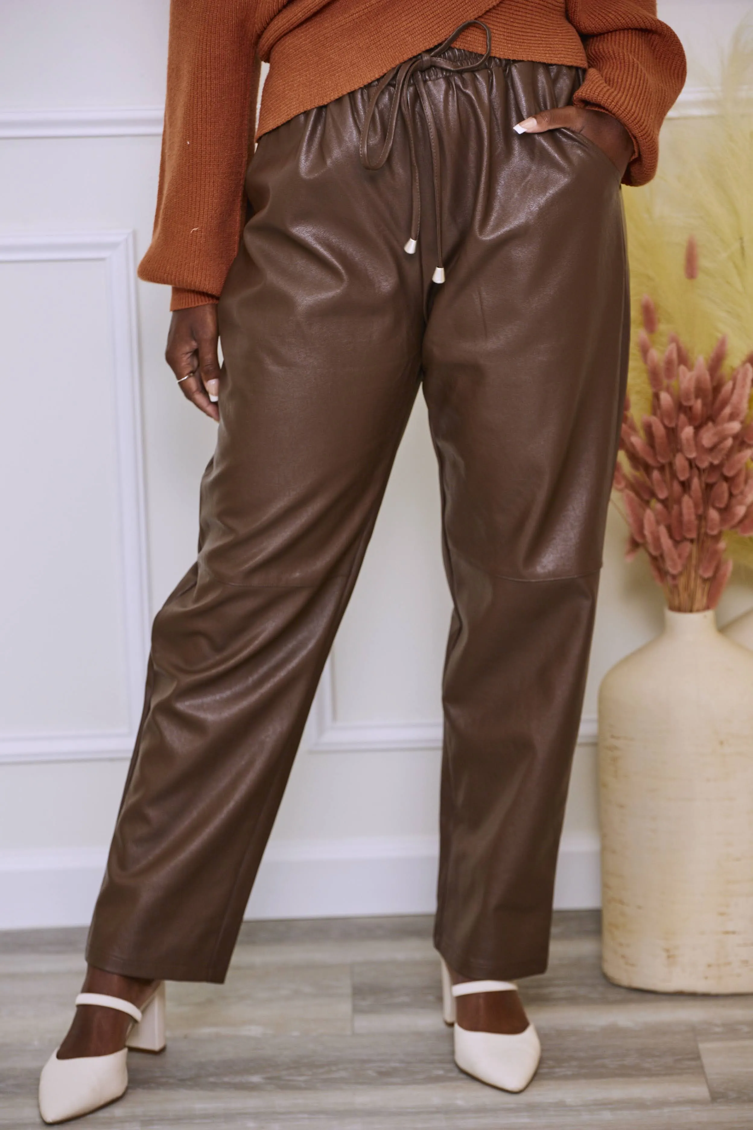 Off the Table Vegan Leather Elastic Waist Pants - Brown