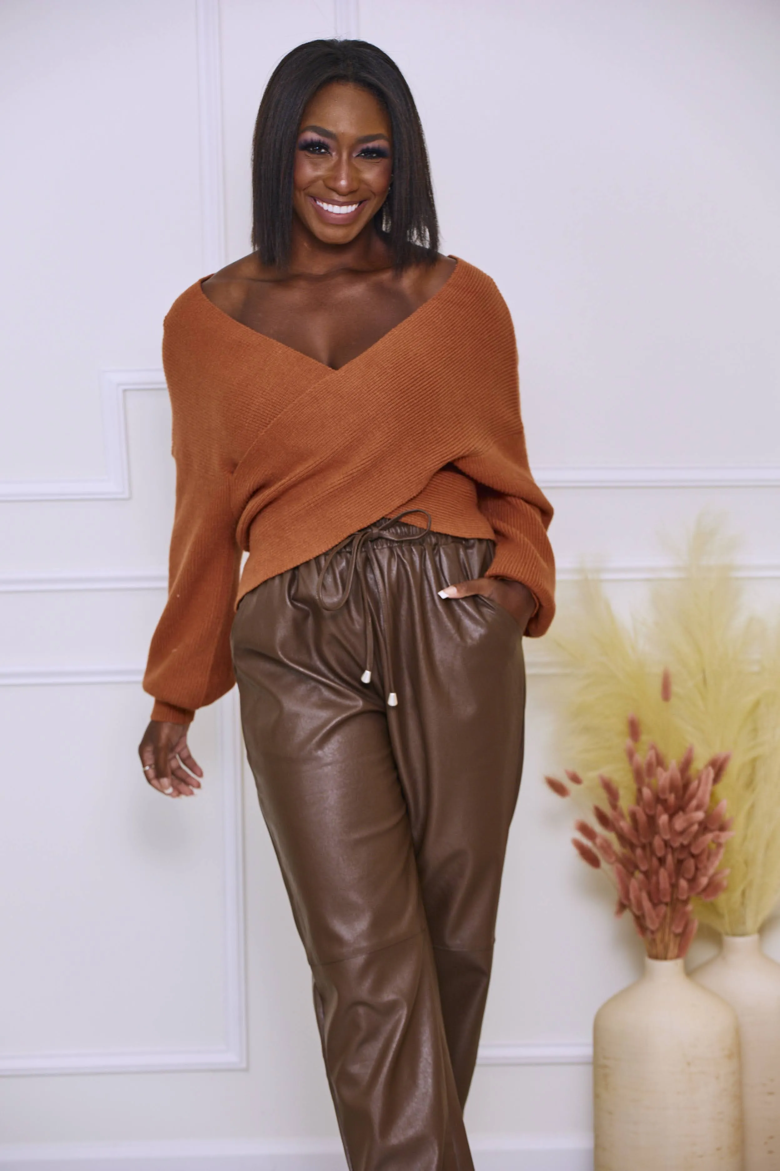 Off the Table Vegan Leather Elastic Waist Pants - Brown