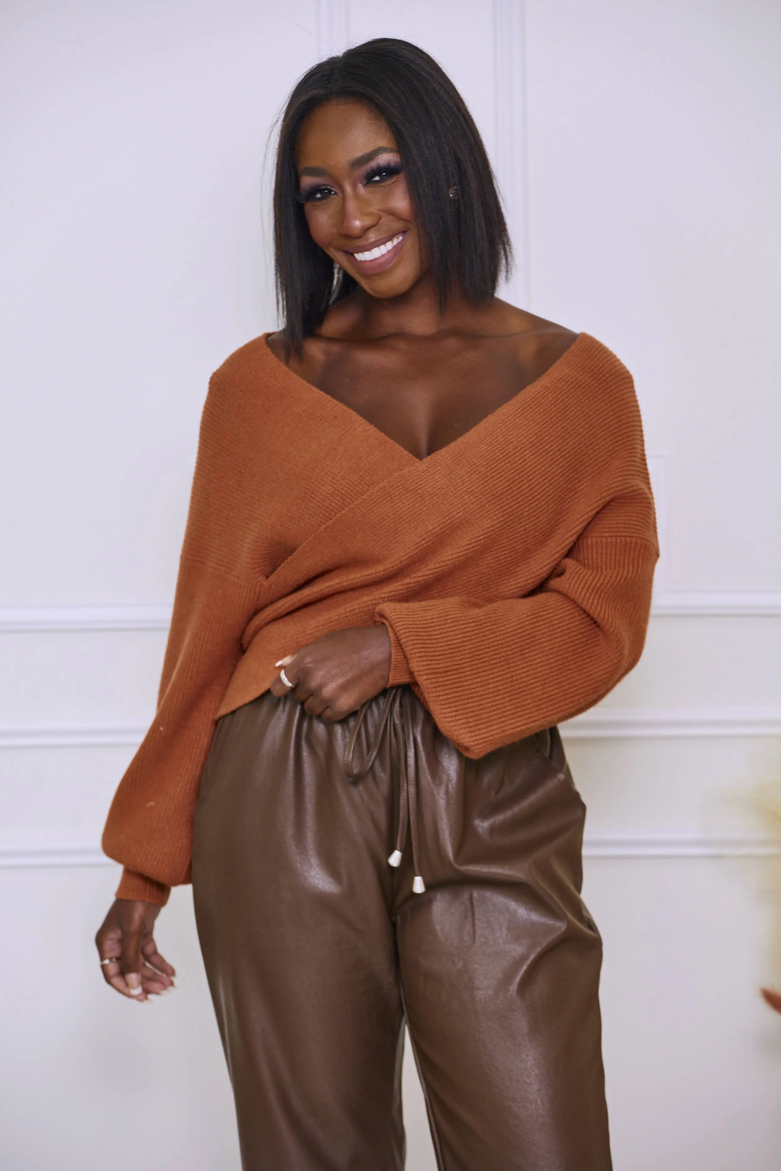 Off the Table Vegan Leather Elastic Waist Pants - Brown