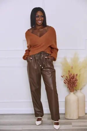 Off the Table Vegan Leather Elastic Waist Pants - Brown