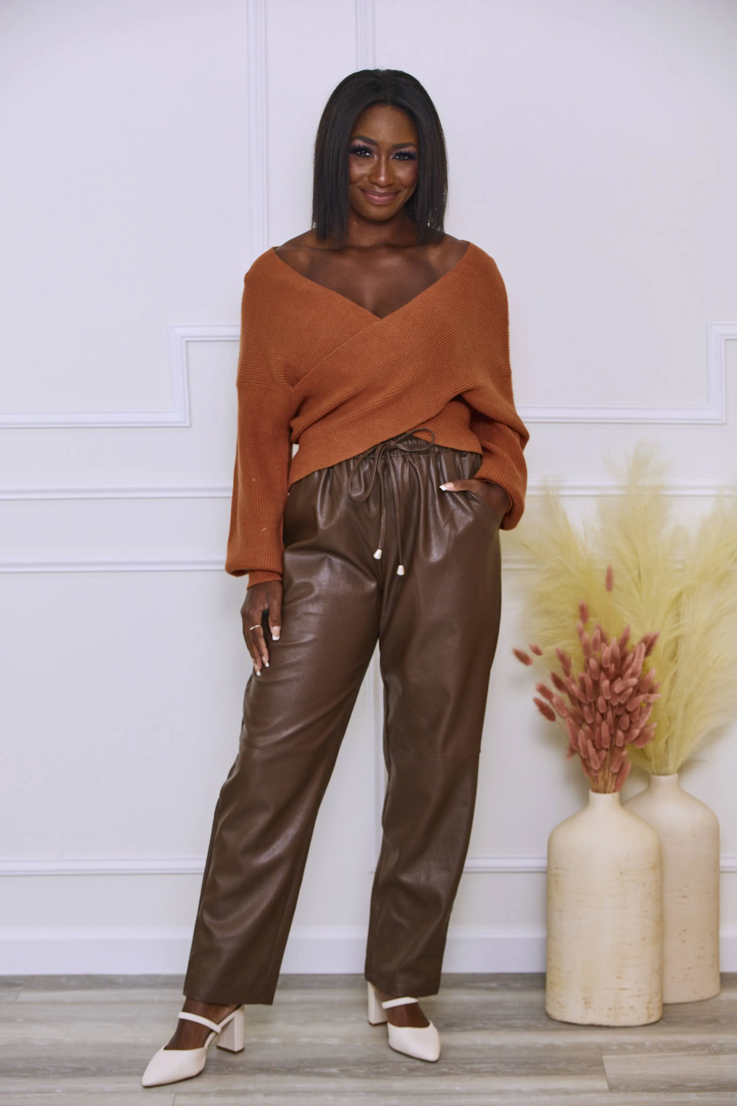 Off the Table Vegan Leather Elastic Waist Pants - Brown