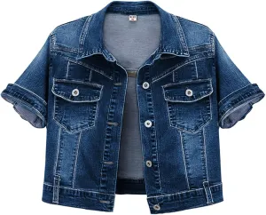 Omoone Women's Summer Short Sleeve Slim Crop Denim Trucker Jacket Jean Coat Tops
