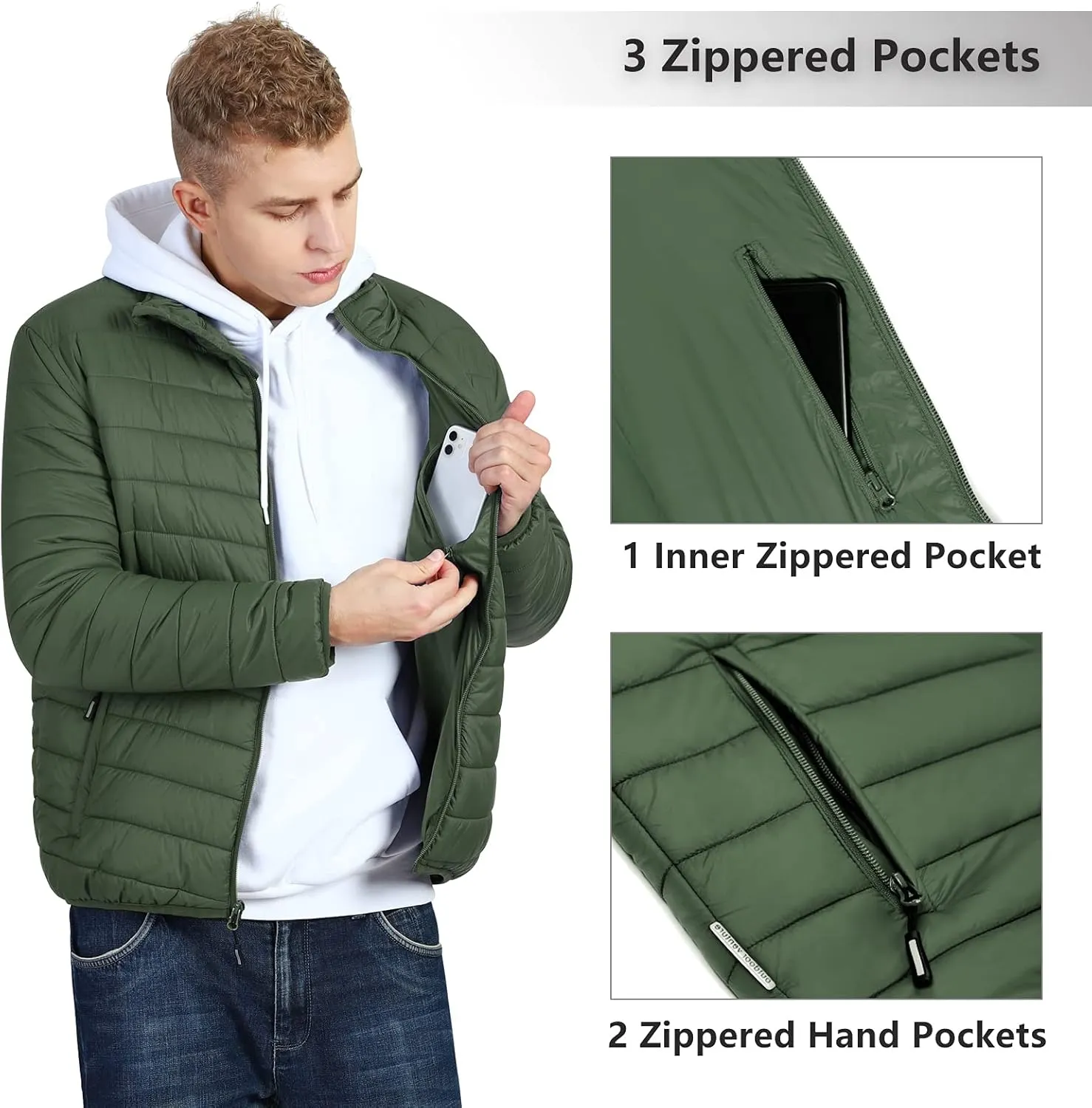 Outdoor Ventures Men's Lightweight Packable Puffer Winter Jacket Insulated Puffy Coat for Snow Ski Hiking Travel