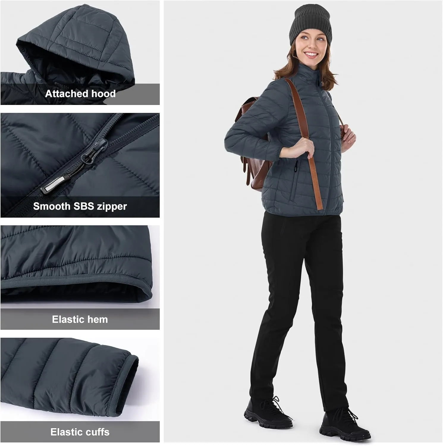 Outdoor Ventures Women's Packable Lightweight Full-Zip Puffer Jacket with Hood Quilted Winter Coat