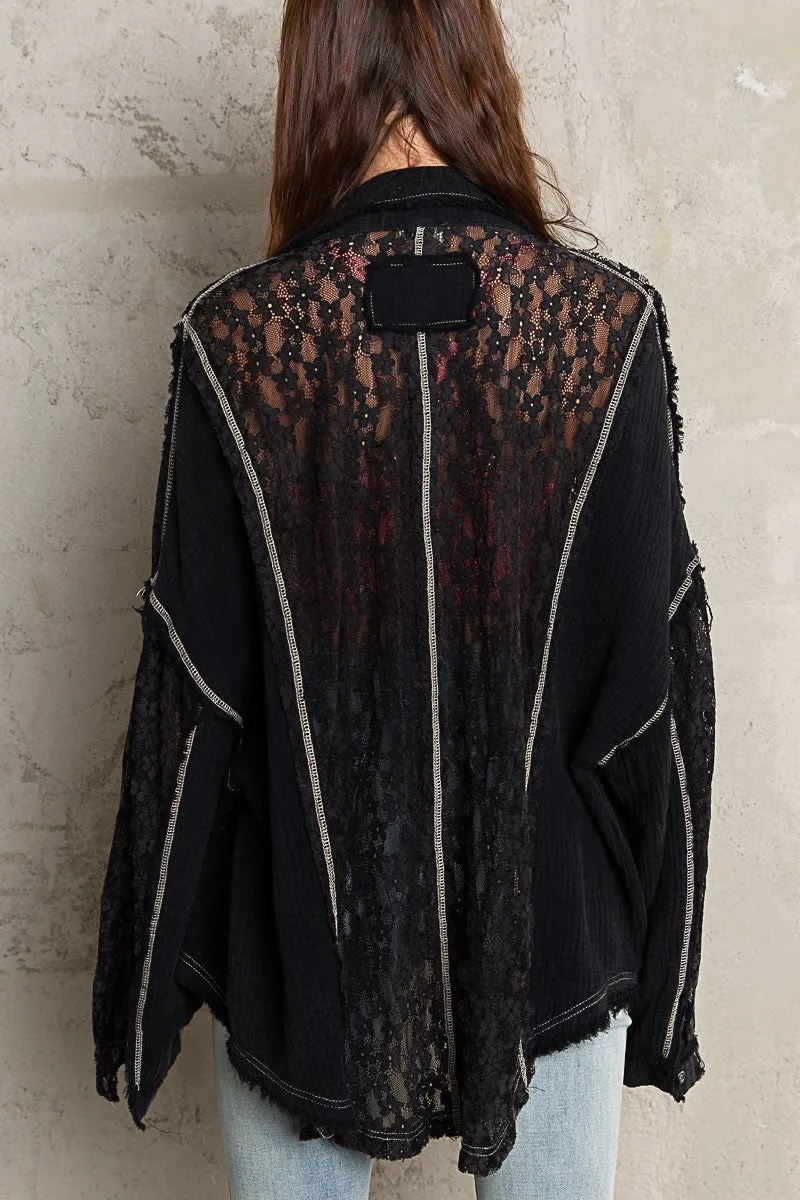 Oversize floral lace detail button down shirt