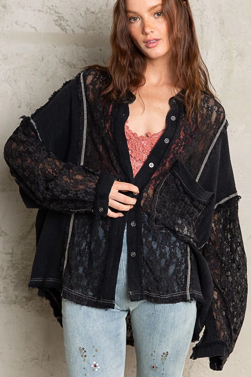 Oversize floral lace detail button down shirt