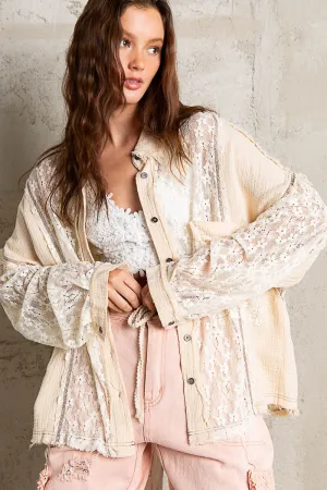 Oversize floral lace detail button down shirt
