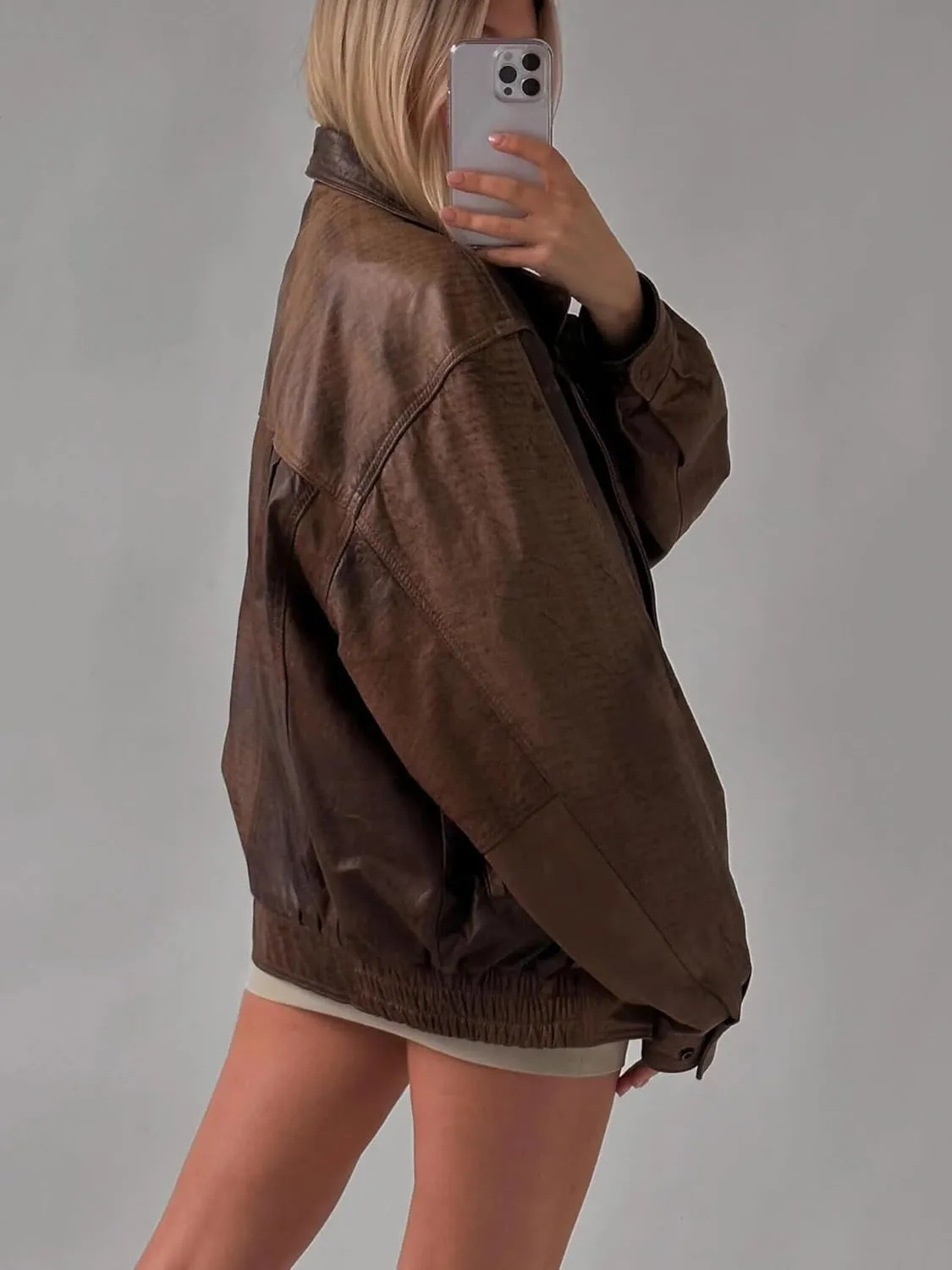 Oversized Leather Jacket Women Real Lambskin Distressed Brown Coat Bomber Jacket