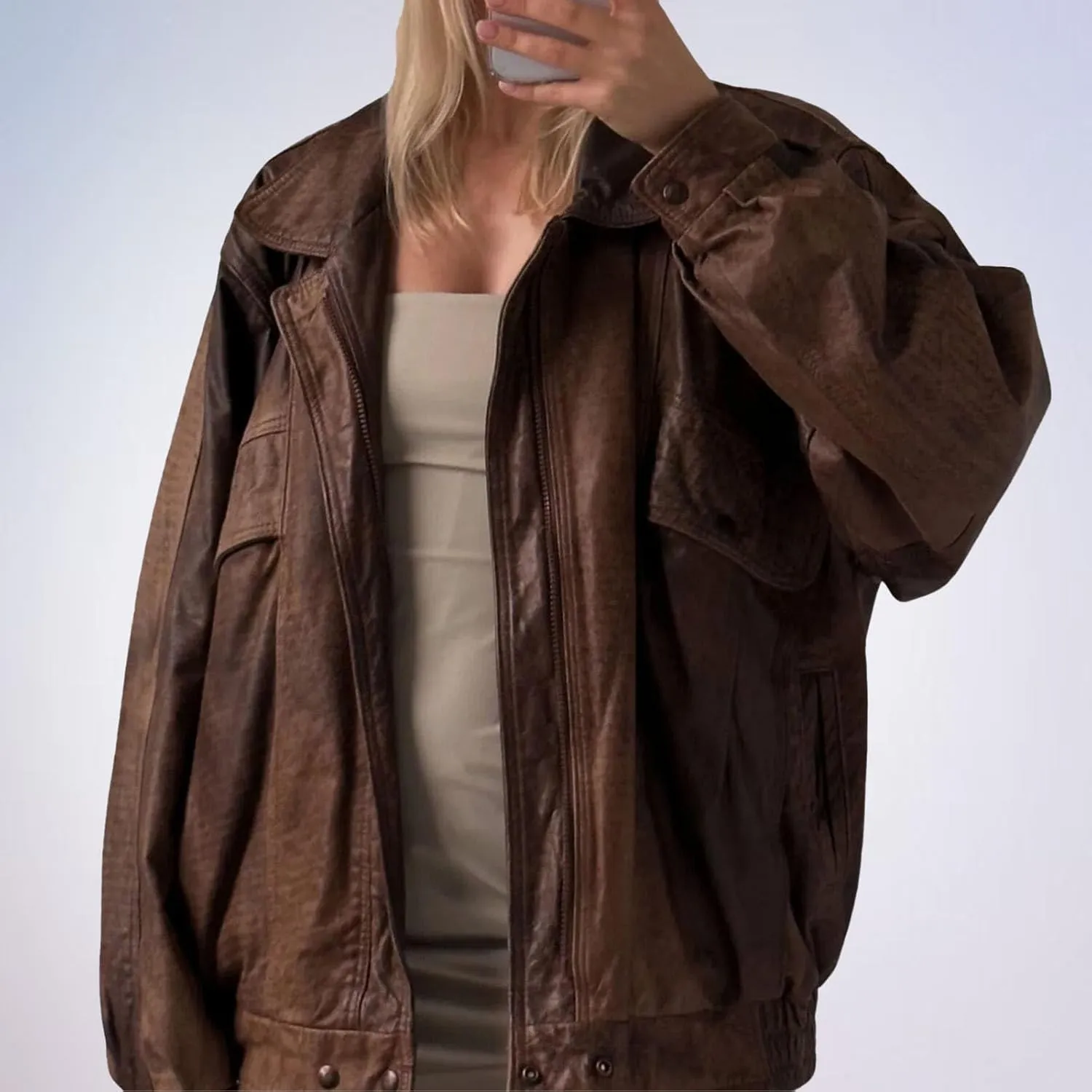 Oversized Leather Jacket Women Real Lambskin Distressed Brown Coat Bomber Jacket