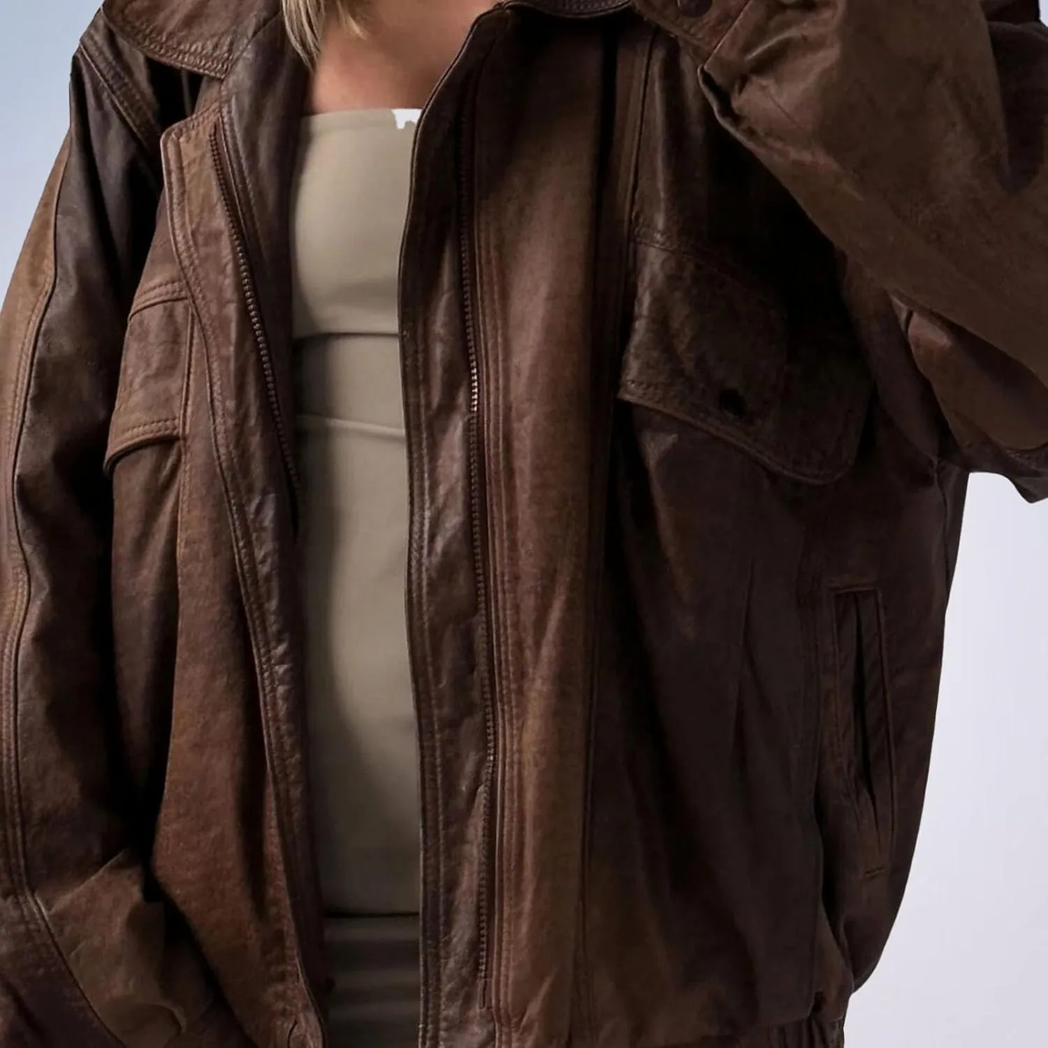 Oversized Leather Jacket Women Real Lambskin Distressed Brown Coat Bomber Jacket