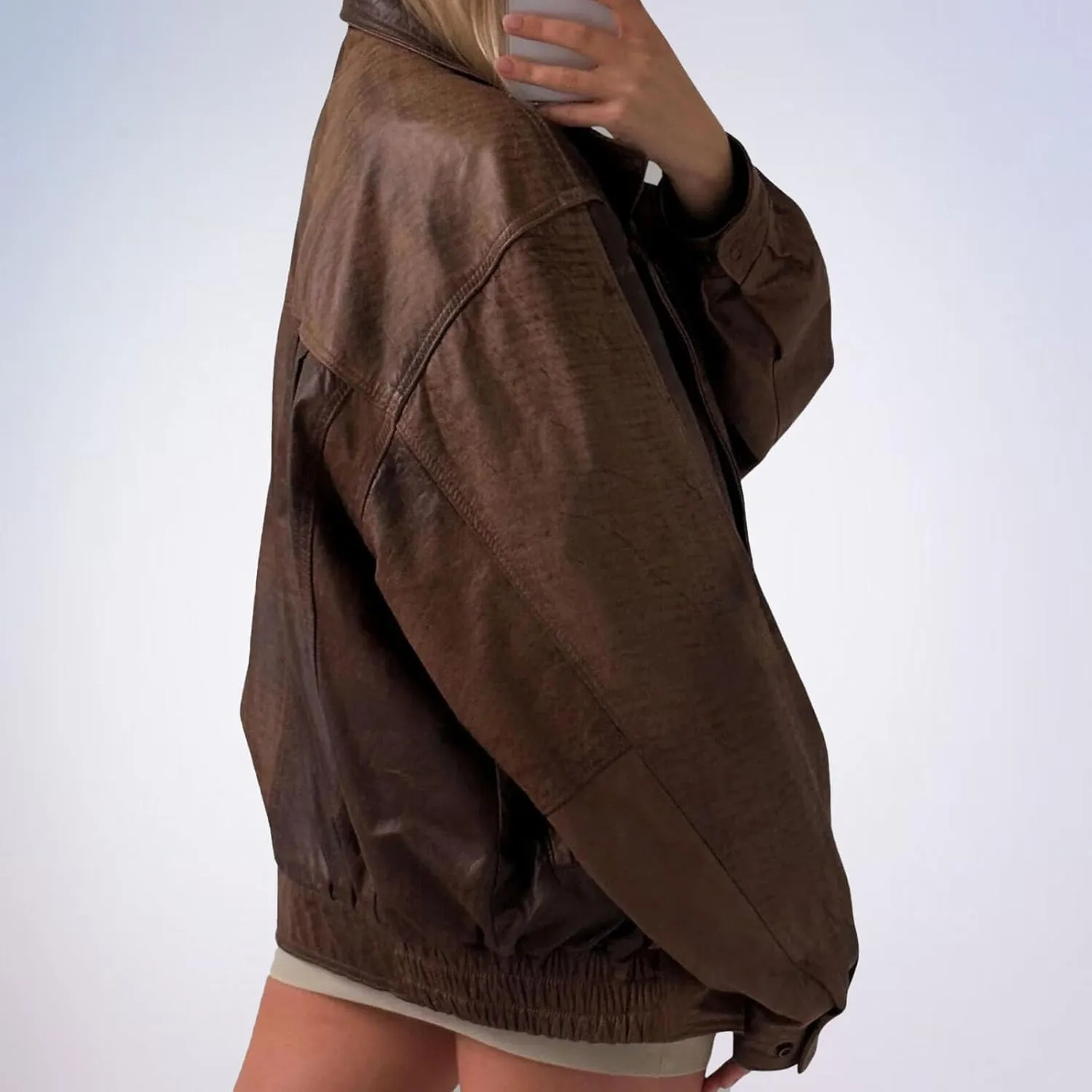 Oversized Leather Jacket Women Real Lambskin Distressed Brown Coat Bomber Jacket