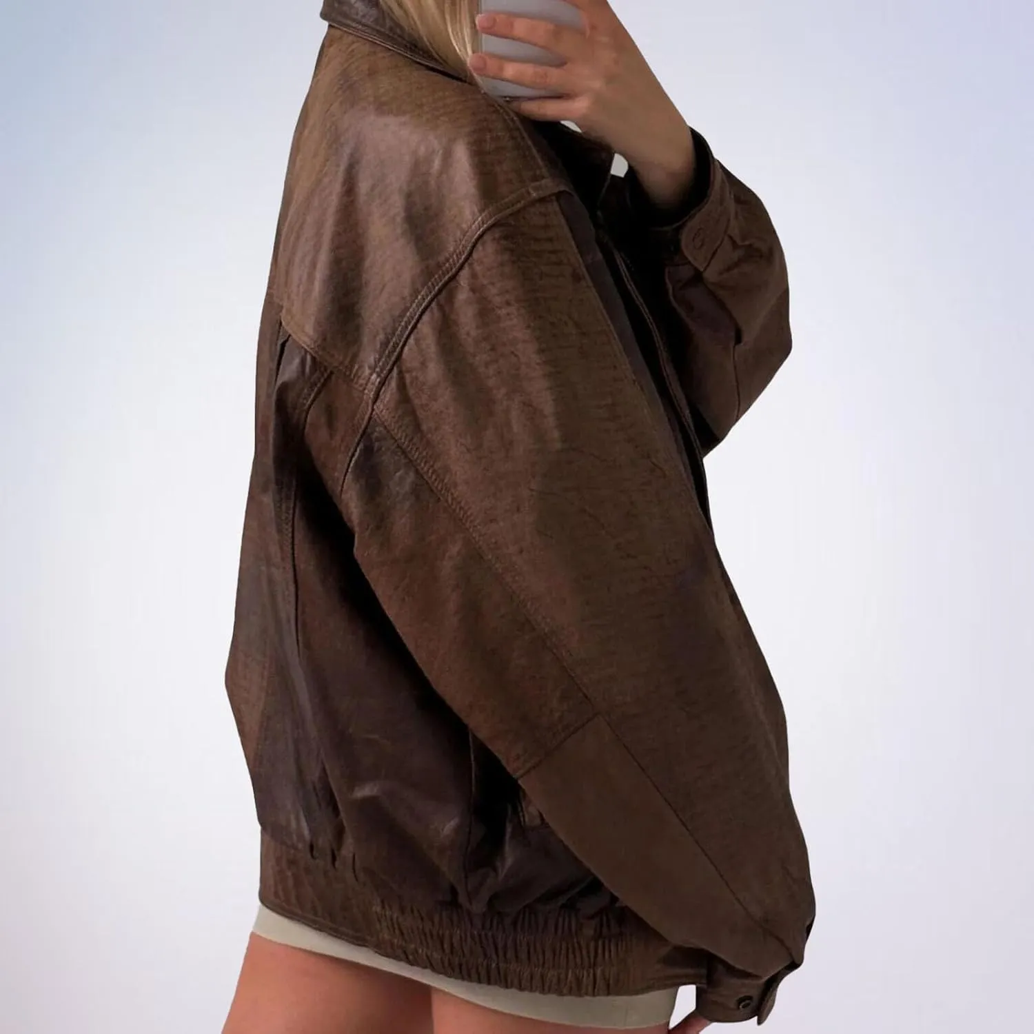 Oversized Leather Jacket Women Real Lambskin Distressed Brown Coat Bomber Jacket