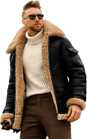 Owl's-Yard Men's Fleece Jacket Winter Turn Down Fur Collar Thick Thermal Coat Windbreaker Leather Motorcycle Bomber Jacket