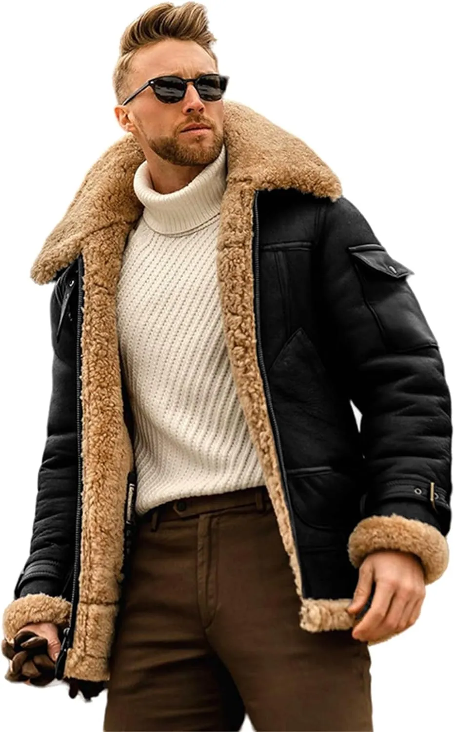 Owl's-Yard Men's Fleece Jacket Winter Turn Down Fur Collar Thick Thermal Coat Windbreaker Leather Motorcycle Bomber Jacket