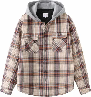 PEGENO Men's Long Sleeve Plaid Button Quilted Lined Flannel Shirt Jacket with Hood