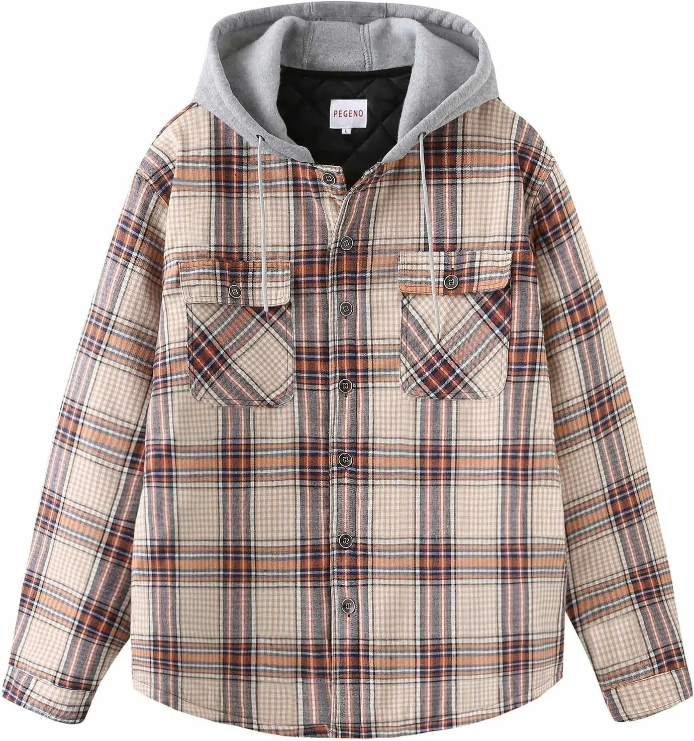 PEGENO Men's Long Sleeve Plaid Button Quilted Lined Flannel Shirt Jacket with Hood