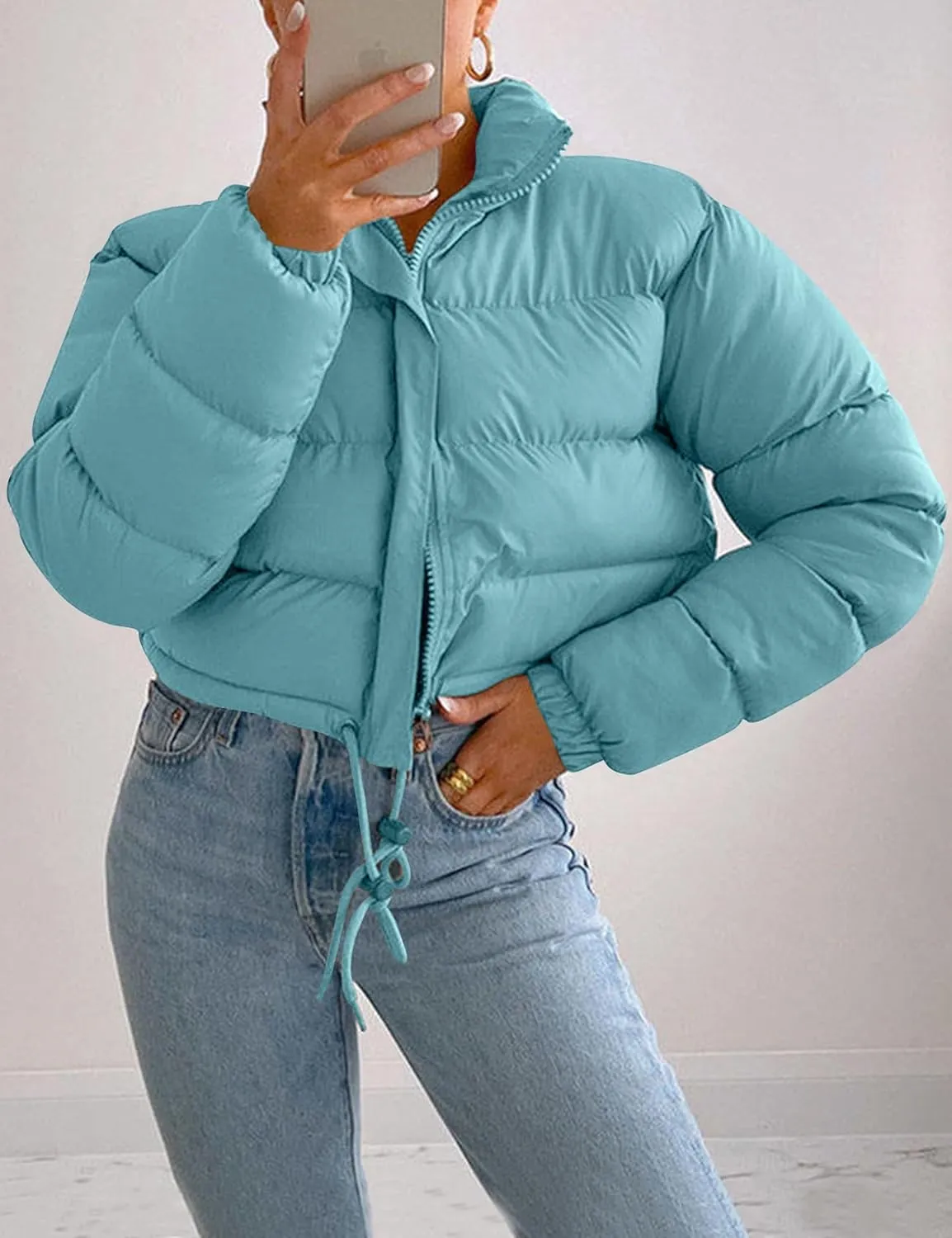 PEHMEA Women Cropped Puffer Jacket Winter Zip Up Short Padded Down Coat