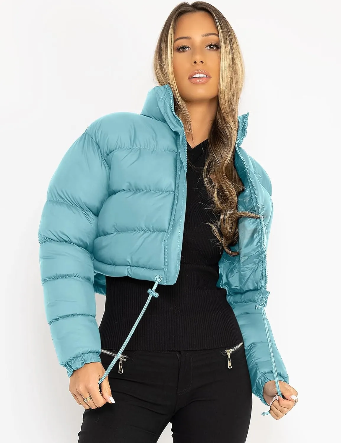 PEHMEA Women Cropped Puffer Jacket Winter Zip Up Short Padded Down Coat