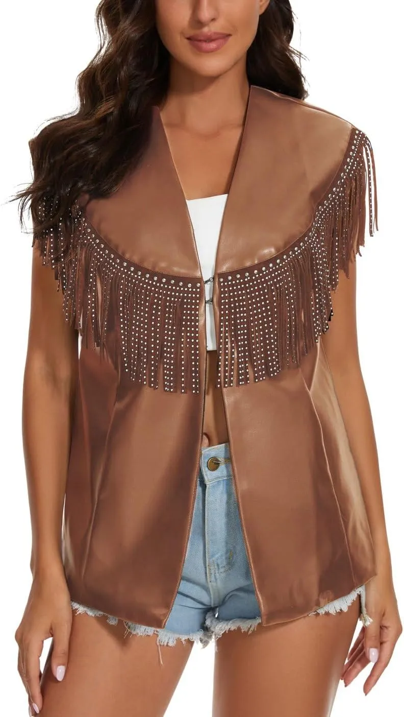 PESION Women Sparkly Fringe Trim Tops Faux Leather Outerwear Jackets Tassel Vest Cardigan Coat