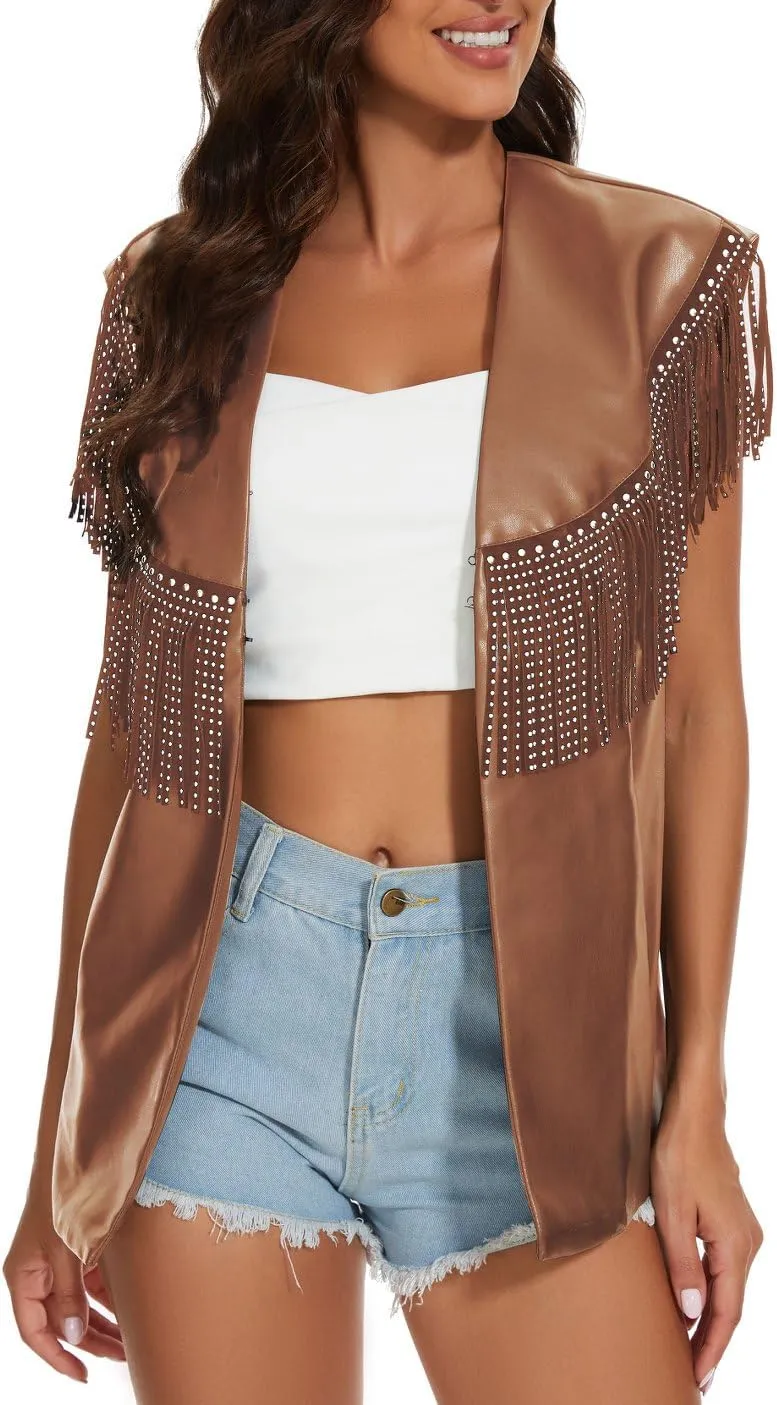 PESION Women Sparkly Fringe Trim Tops Faux Leather Outerwear Jackets Tassel Vest Cardigan Coat