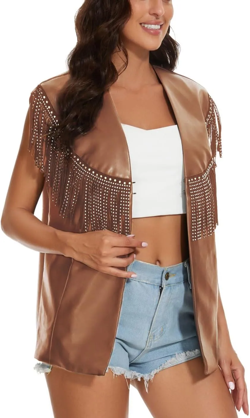 PESION Women Sparkly Fringe Trim Tops Faux Leather Outerwear Jackets Tassel Vest Cardigan Coat