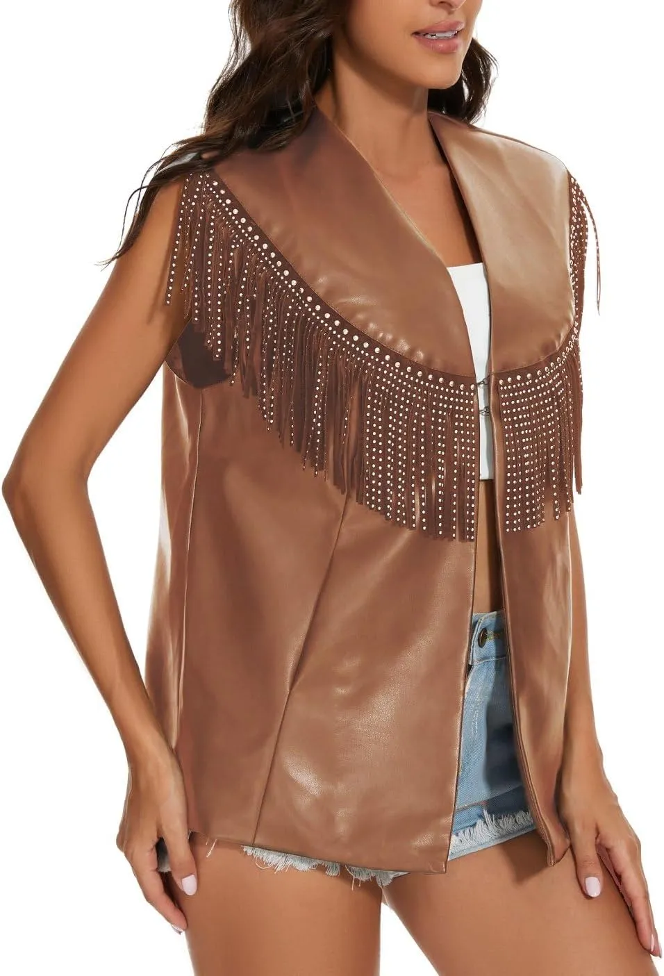 PESION Women Sparkly Fringe Trim Tops Faux Leather Outerwear Jackets Tassel Vest Cardigan Coat
