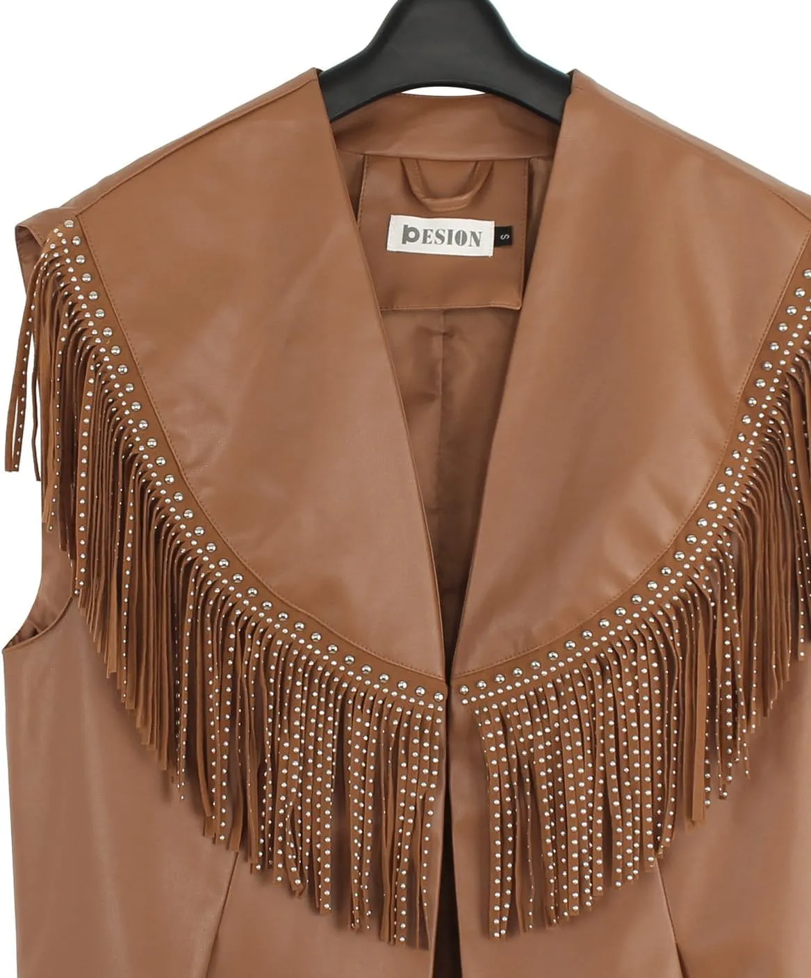 PESION Women Sparkly Fringe Trim Tops Faux Leather Outerwear Jackets Tassel Vest Cardigan Coat