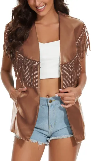 PESION Women Sparkly Fringe Trim Tops Faux Leather Outerwear Jackets Tassel Vest Cardigan Coat