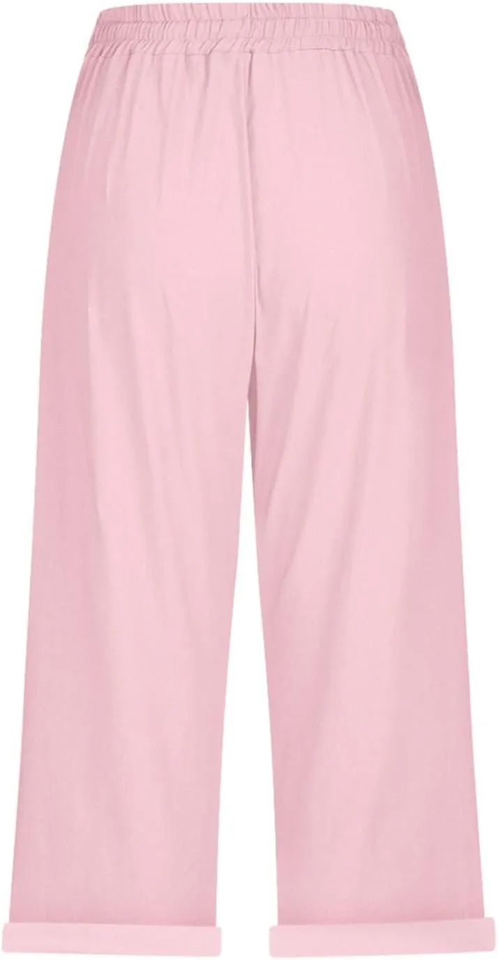 Petite Pants for Women Linen Capri Casual 2025 Summer Drawstring Elastic High Waist Cropped Trousers Plus Size