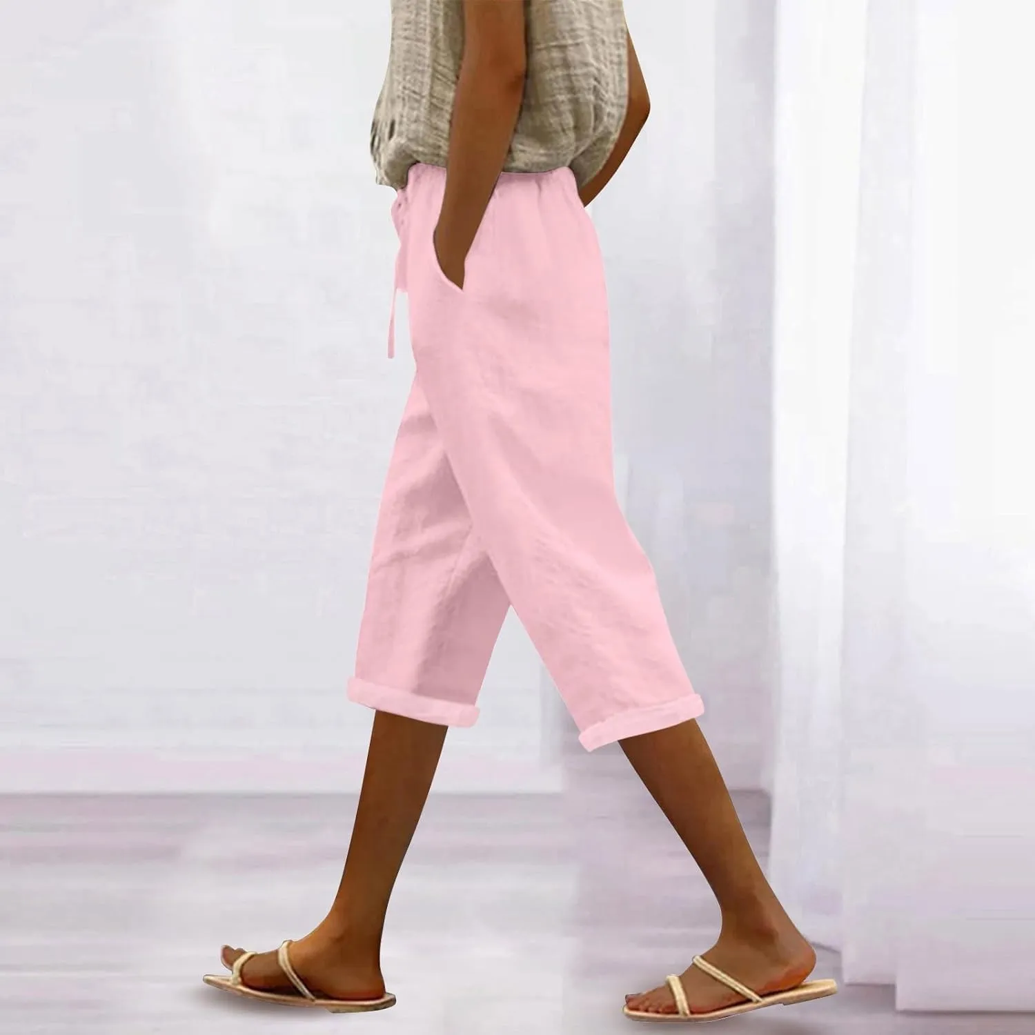 Petite Pants for Women Linen Capri Casual 2025 Summer Drawstring Elastic High Waist Cropped Trousers Plus Size