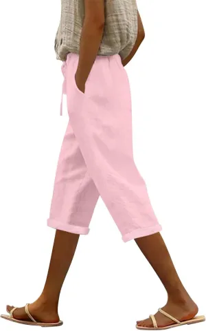 Petite Pants for Women Linen Capri Casual 2025 Summer Drawstring Elastic High Waist Cropped Trousers Plus Size