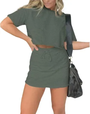 Pink Laura Women's Lounge Cropped Tee Skort Set Tennis Skirt Sets Women 2 Piece Outfits Summer Sweat Skort Set