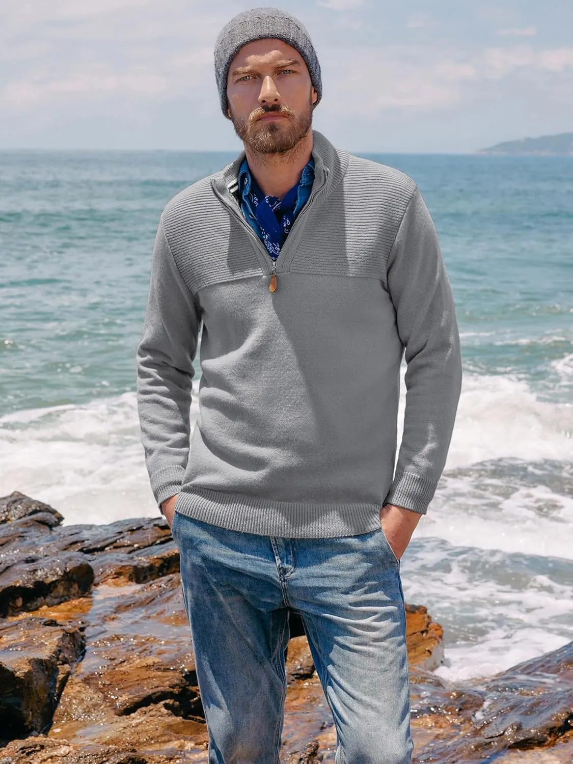 PJ PAUL JONES Men's Quarter Zip Sweater Slim Fit Casual Pullover Sweater Mock Neck Polo Sweaters