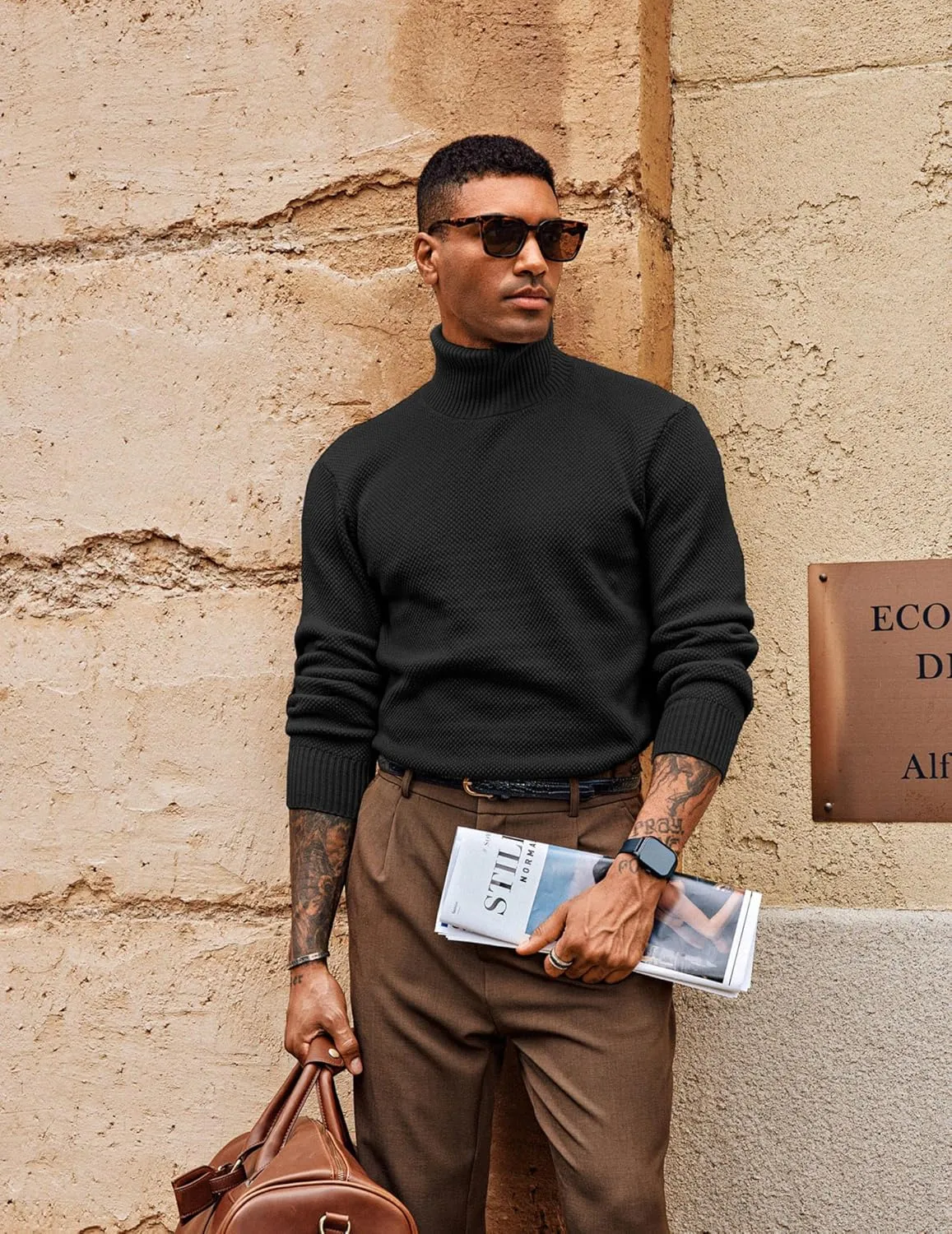PJ PAUL JONES Men's Turtleneck Sweaters Knitted Casual Textured Pullover Sweater