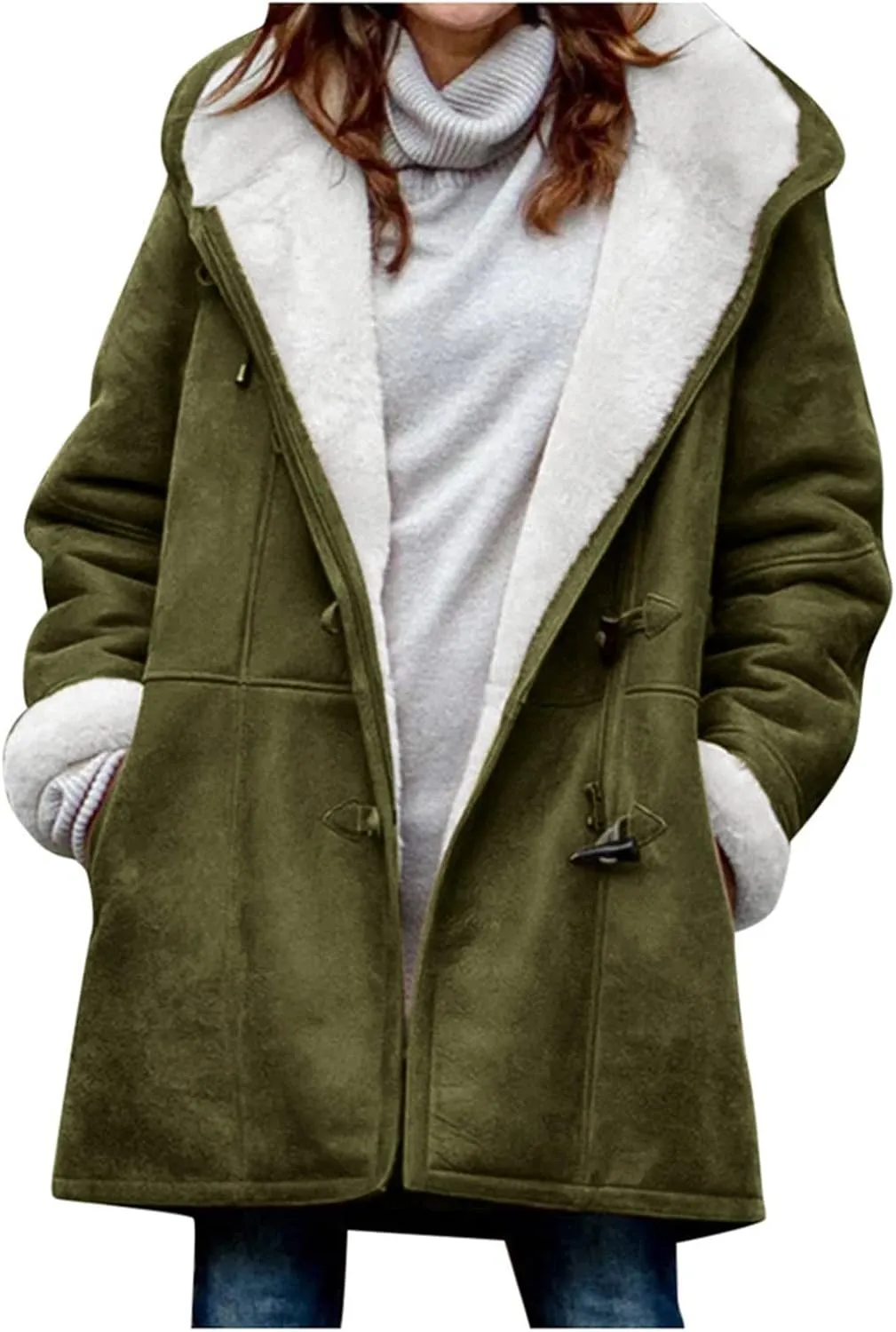 Plus Size Winter Coats for Women 2024 Warm Sherpa Fleece Lined Distressed Jackets Hooded Parka Faux Suede Pea Coat Outerwear