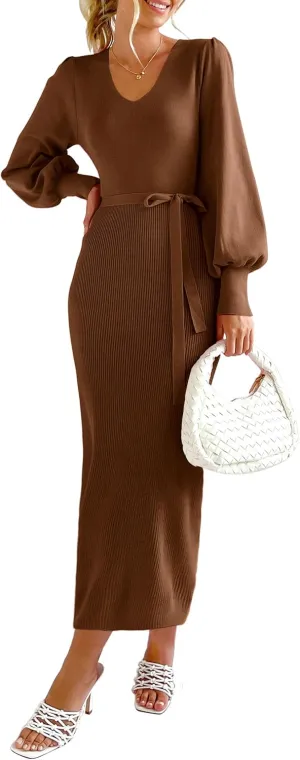 PRETTYGARDEN Women's Fall Knit Pullover Sweater Dress Elegant Long Lantern Sleeve V Neck Winter Maxi Bodycon Dresses