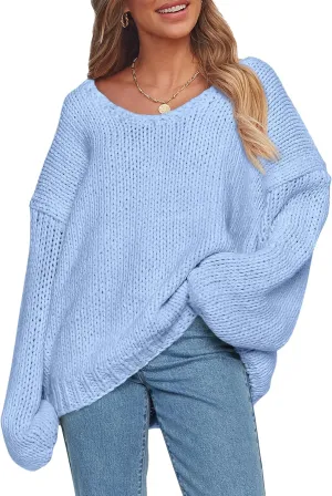 PRETTYGARDEN Womens Fall Sweaters Chunky Loose Long Sleeve V Neck Oversized Dressy Casual Knit Pullover Tops