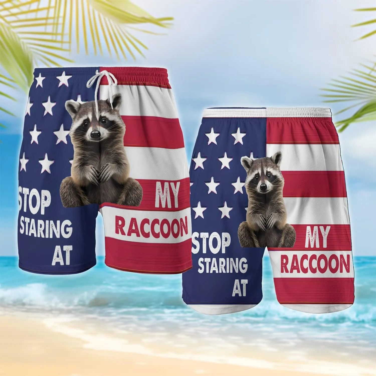 Raccoon Men's Quick Dry - Animal Lover Hawaiian Shorts for Men - Beach Shorts Swim Trunks Set 5 (TND-LN-1)