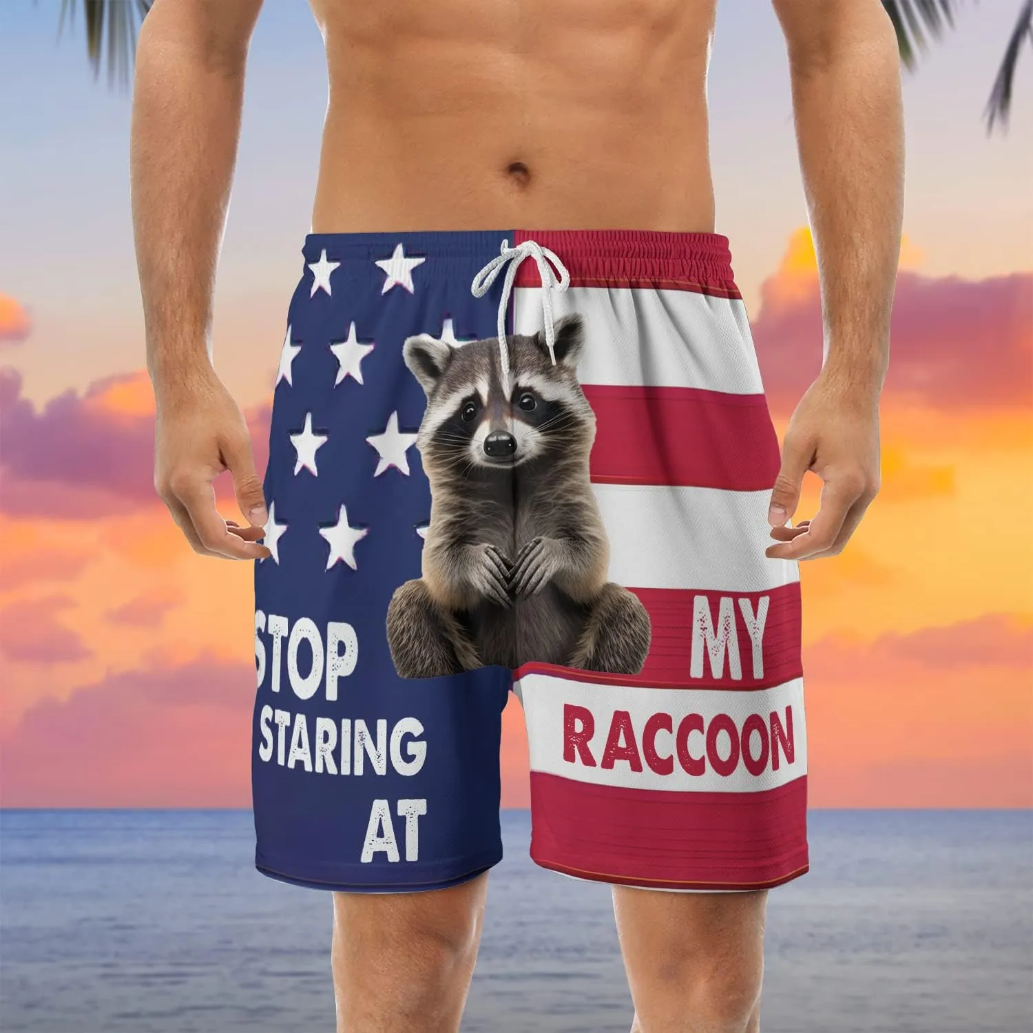 Raccoon Men's Quick Dry - Animal Lover Hawaiian Shorts for Men - Beach Shorts Swim Trunks Set 5 (TND-LN-1)